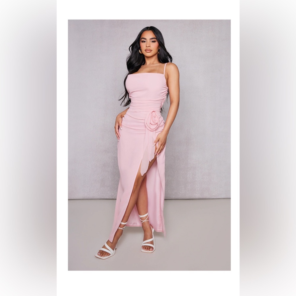 Petite Candy Pink Mesh Midaxi Dress With Flower Detail